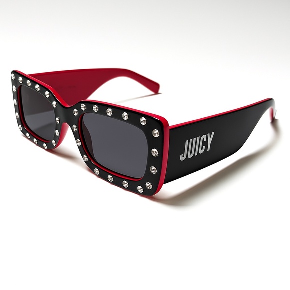 NWT JUICY COUTURE Azirel Rectangle Sunglasses Rhinestone Bling Red Black Acetate - Picture 1 of 6